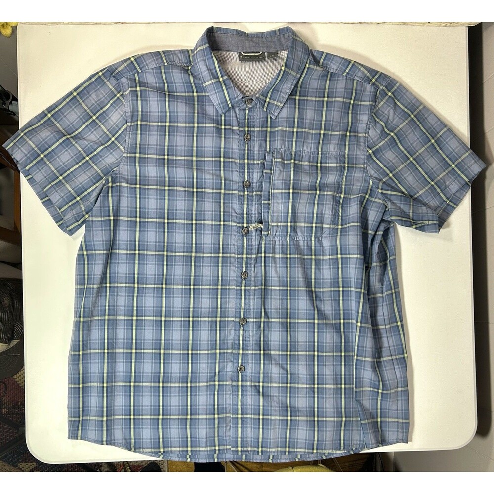 NWT XXL Free Country Men's Excursion Short Sleeve Zip Pocket Blue Yellow Plaid